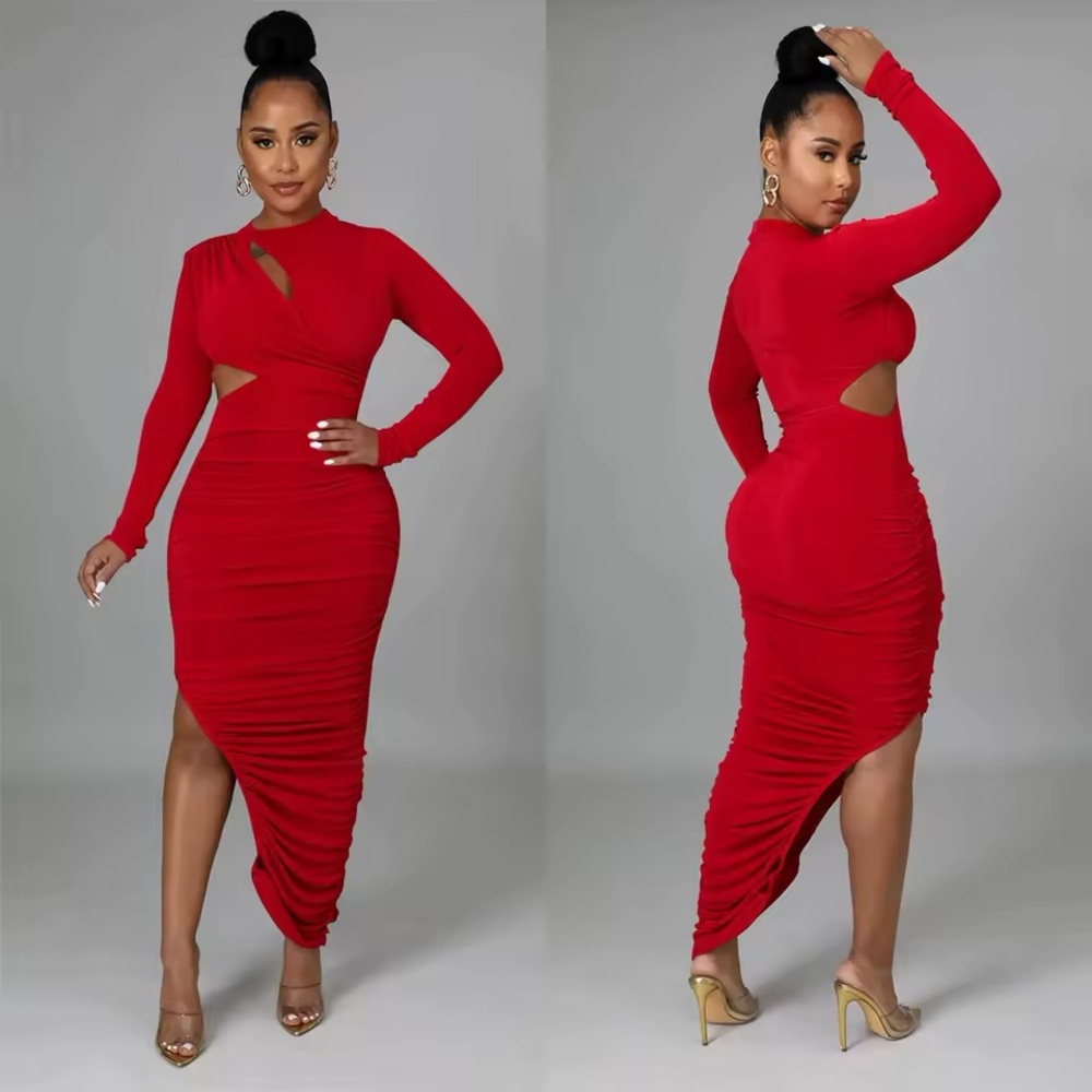 Elegant Red Cut-Out Dress – NWT | Sizes S–L, Holiday Glam